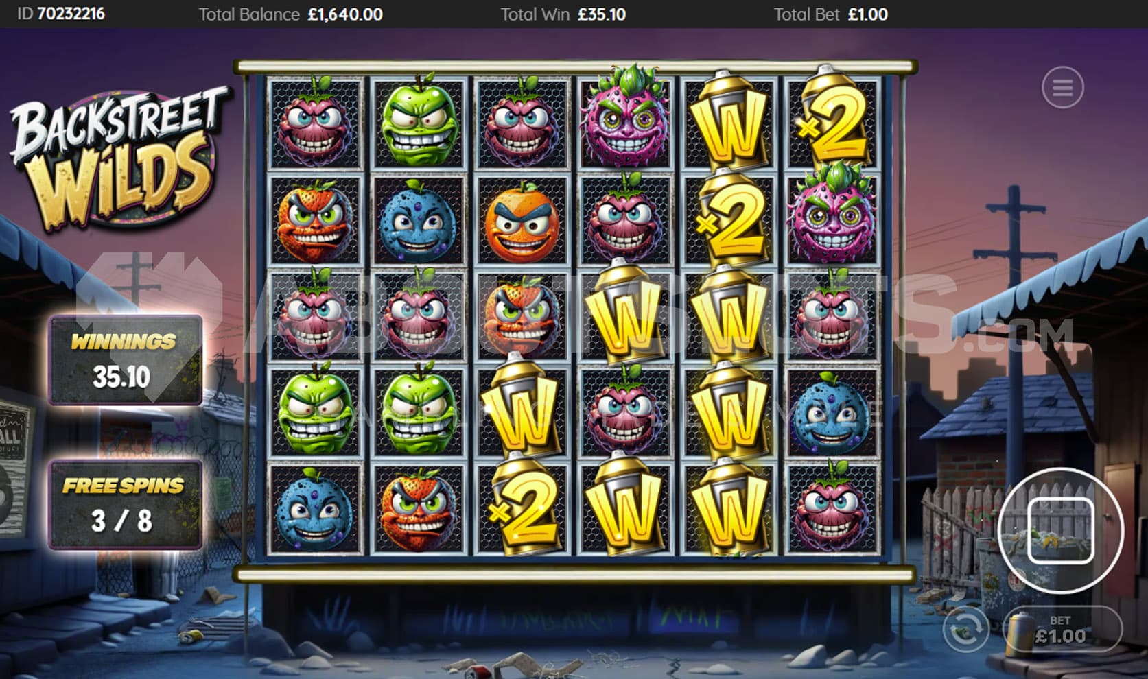 Free Spins bonus in progress with multiple Wilds and Multiplier Wilds sticky on the reels during a spin.