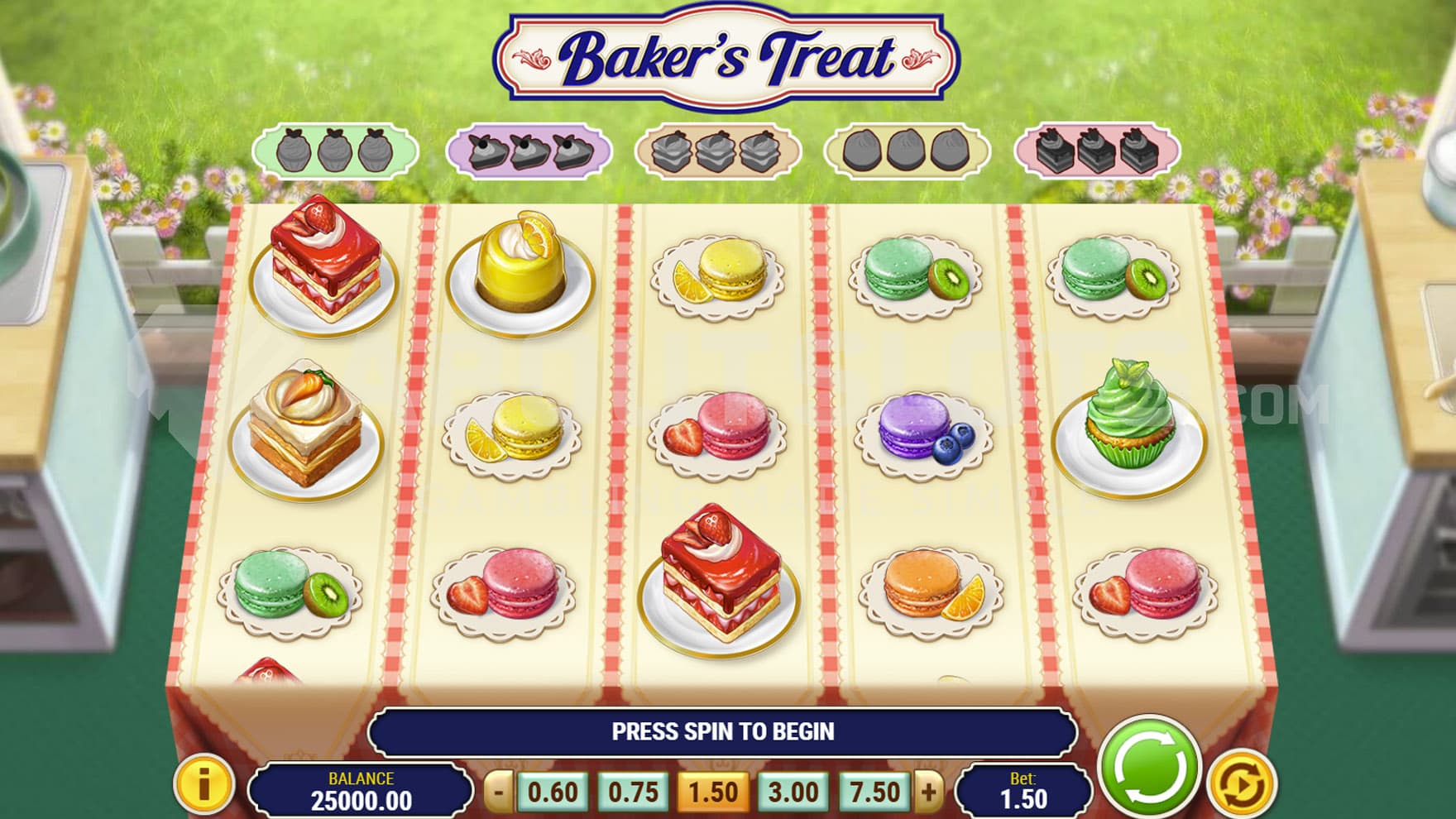 Base game view of a 5x3 grid set in the inside of a restaurant, with various confectionery on the reels.