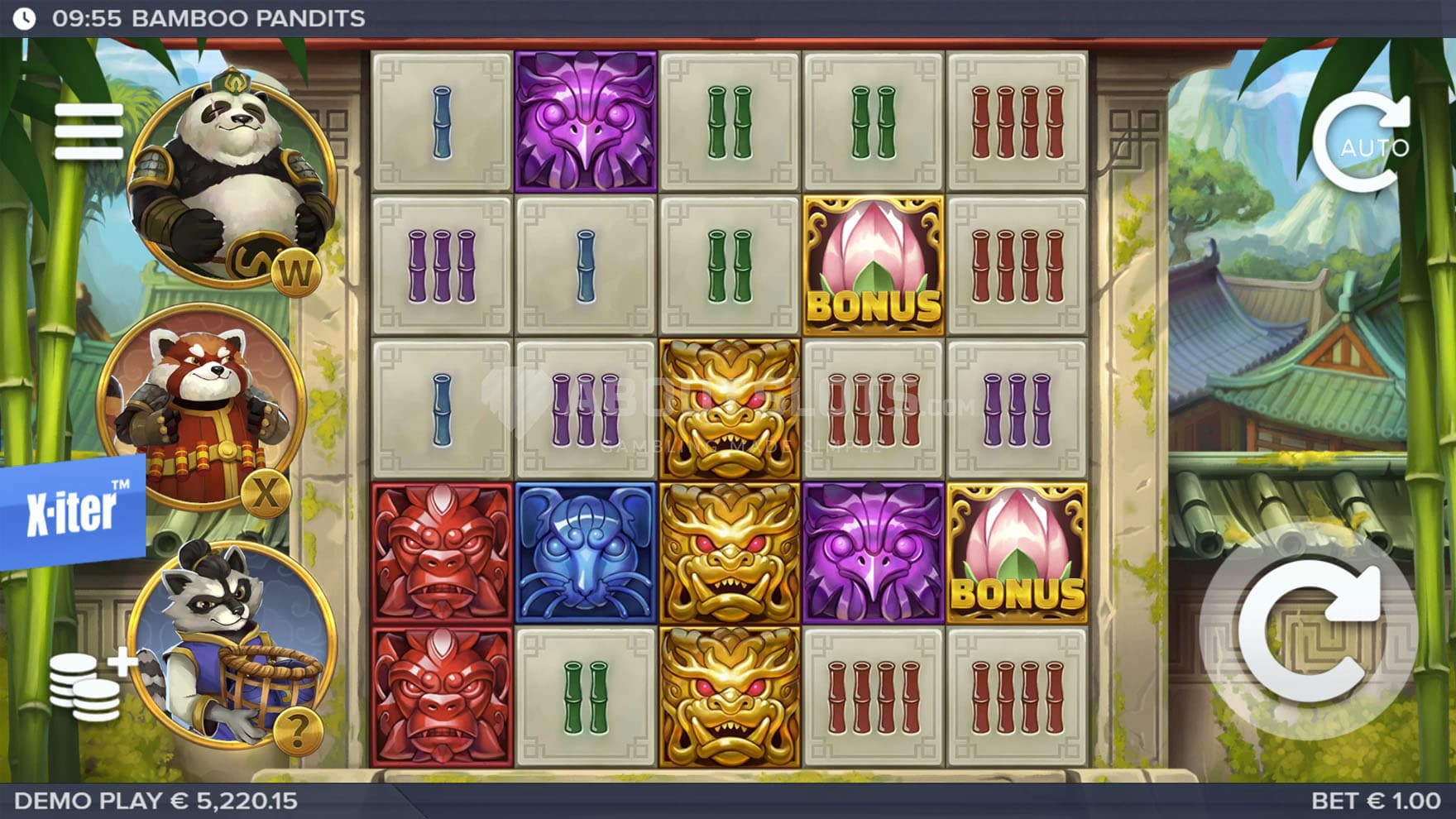 Screenshot of the base game, showing a 5x5 grid on a backdrop of an Asian village.
