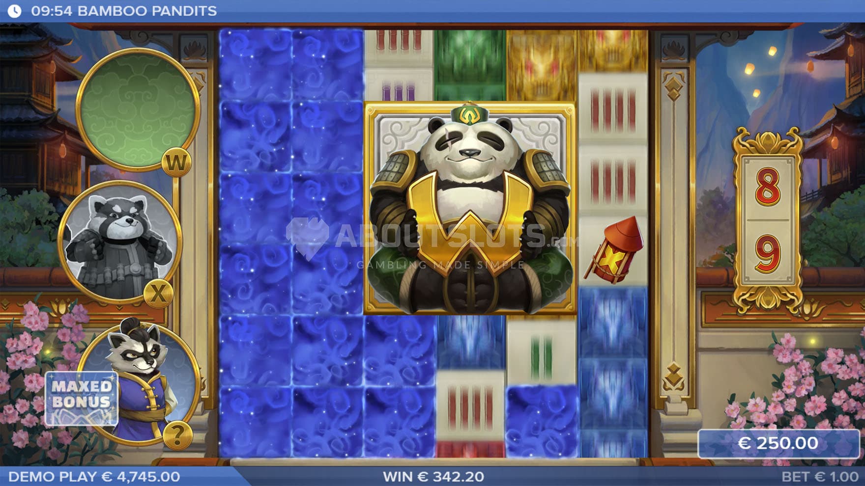 Screenshot of the bonus game, showing a 3x3 Wild and multiple positions covered with Mystery Symbols.