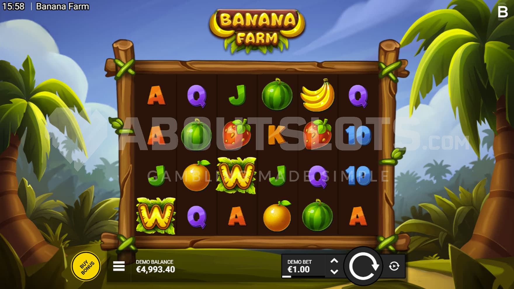 Base Game view of a 6x4 grid on a backdrop of a natural tropical landscape.