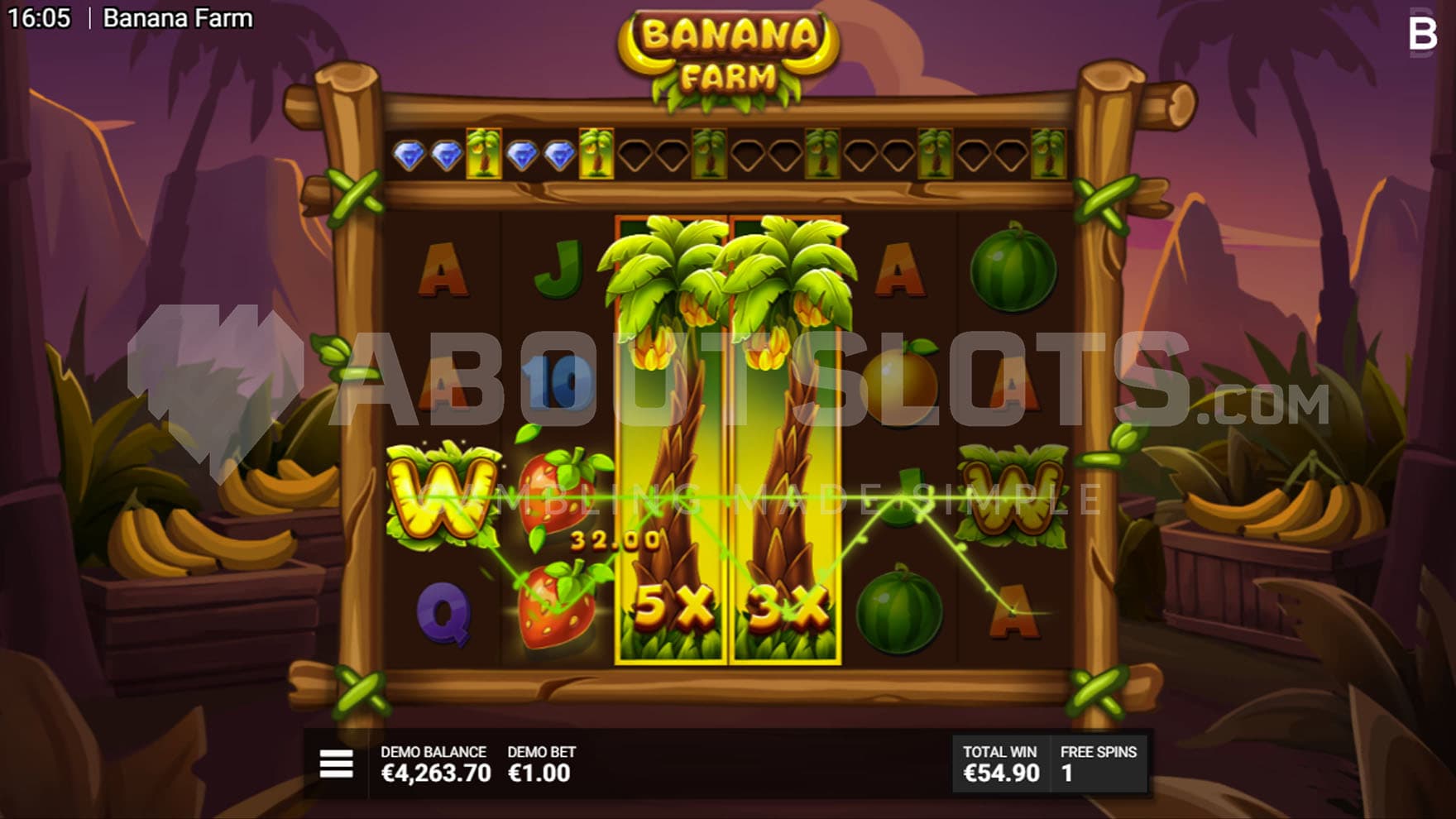 Banana Plantation Bonus in progress, showing 2 Wild Reels with multipliers of x5 and x3.
