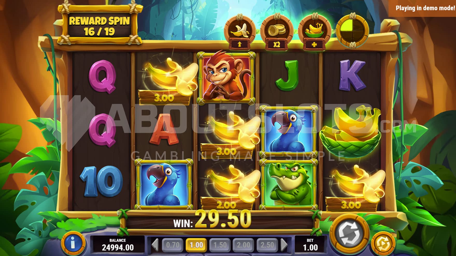 Free Rounds bonus in progress, showing multiple cash symbols being collected by the Banana Basket.