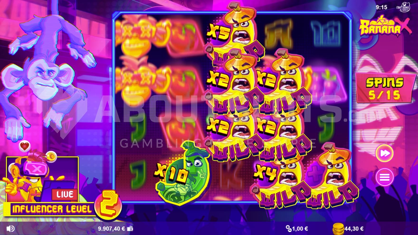 Bonus Spins in progress, showing multiple Wilds with multipliers sticky on the screen.