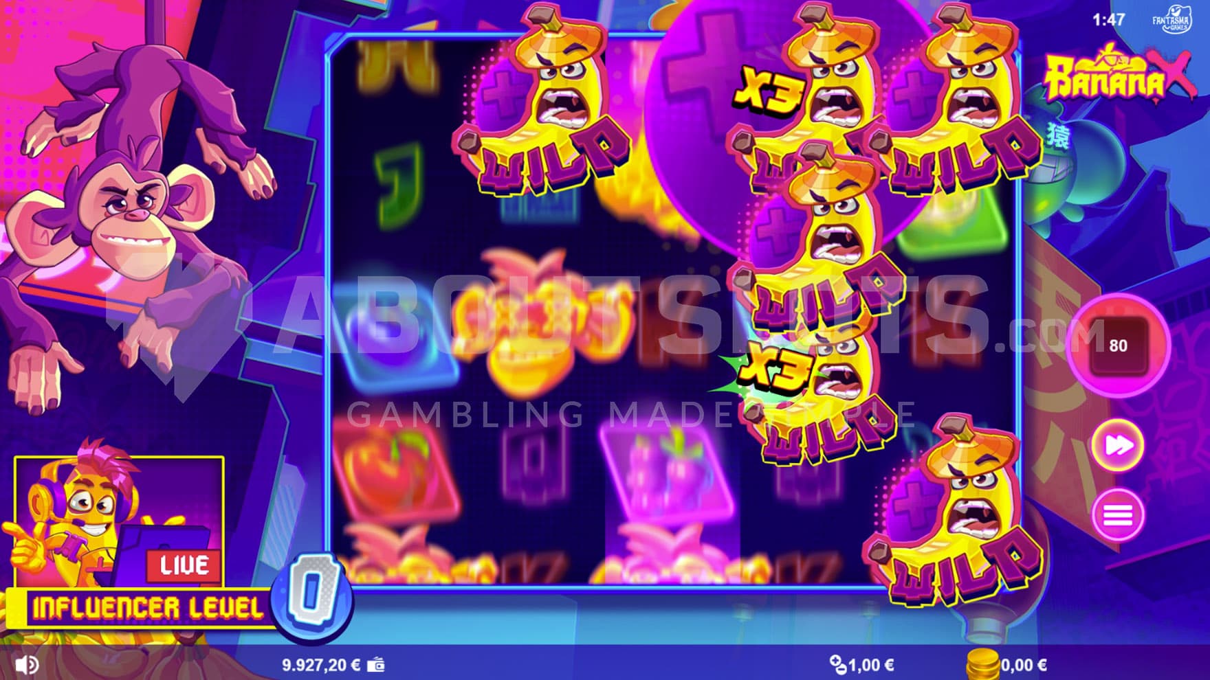 Influencer Meter triggered in the base game, adding Multiplier Wilds in random positions.