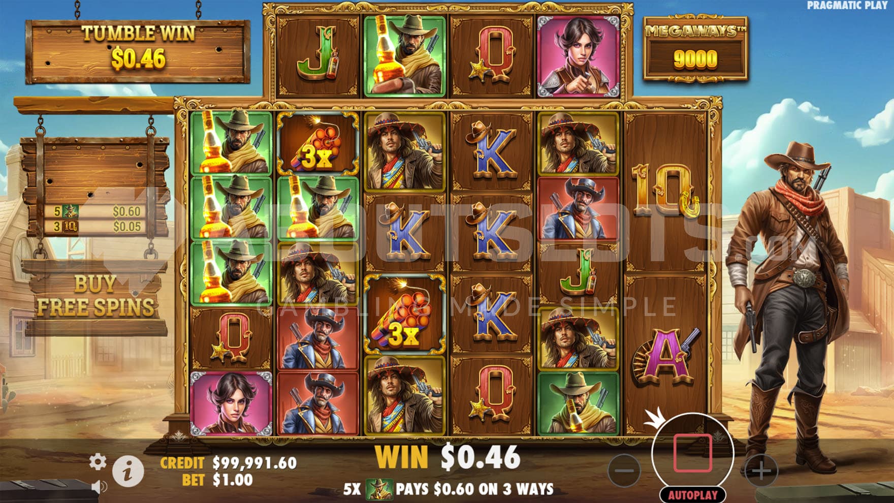 Base Game view of a 6-reel Megaways grid with a cowboy standing on the side.