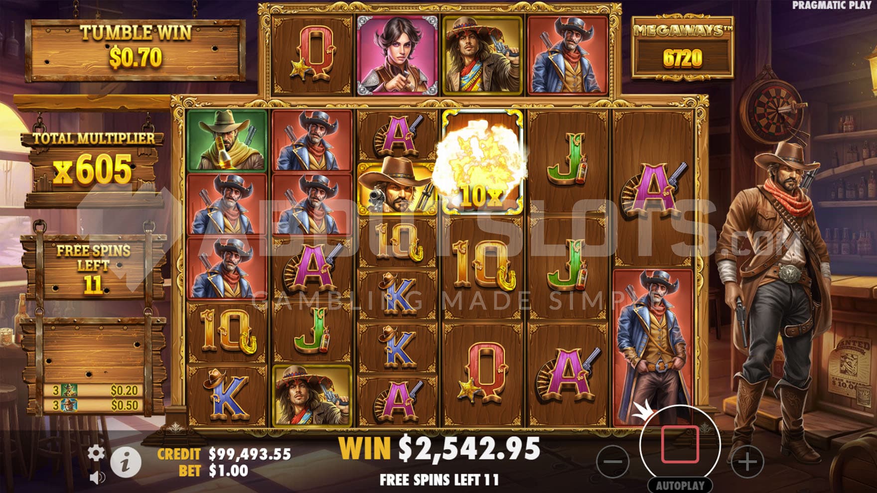 Free Spins bonus in progress with an accumulated multiplier of x605.