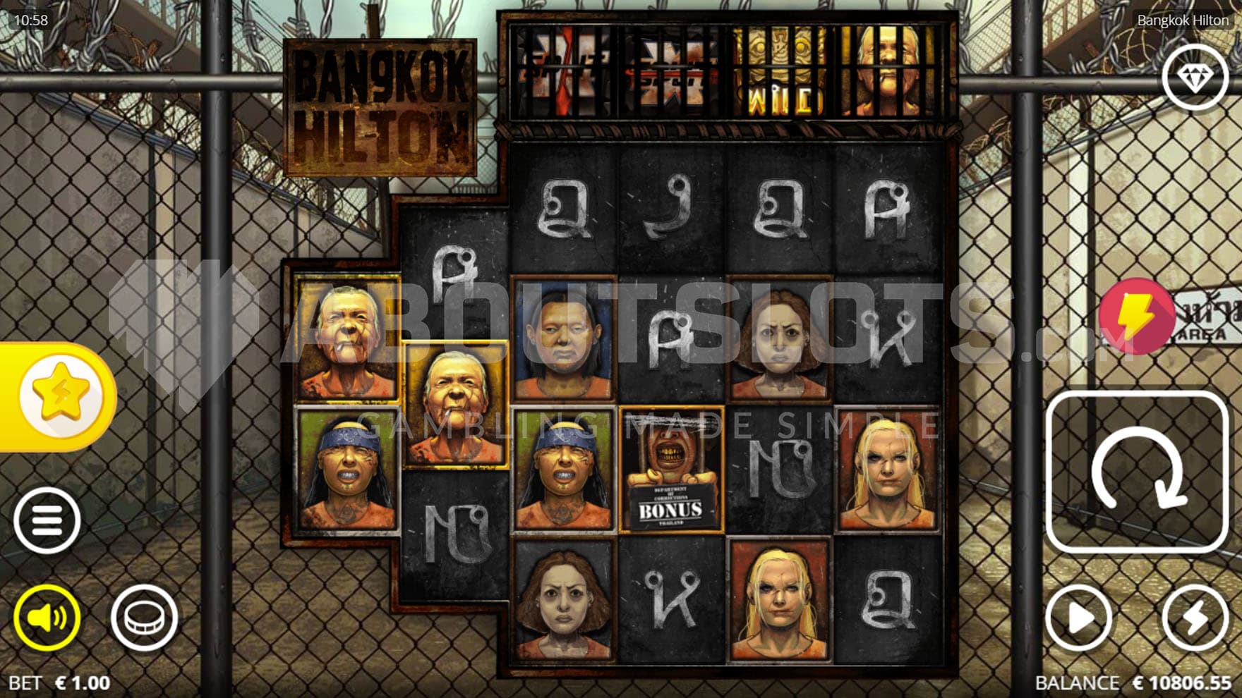 Base Game view of a 6-reel grid with irregular row distribution, on a backdrop of a prison surrounded by chain link fence.