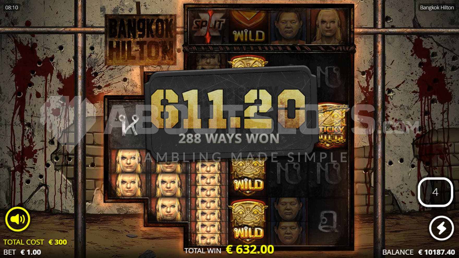 Execution Spins bonus in progress, showing a high win created from split symbols and Wilds.