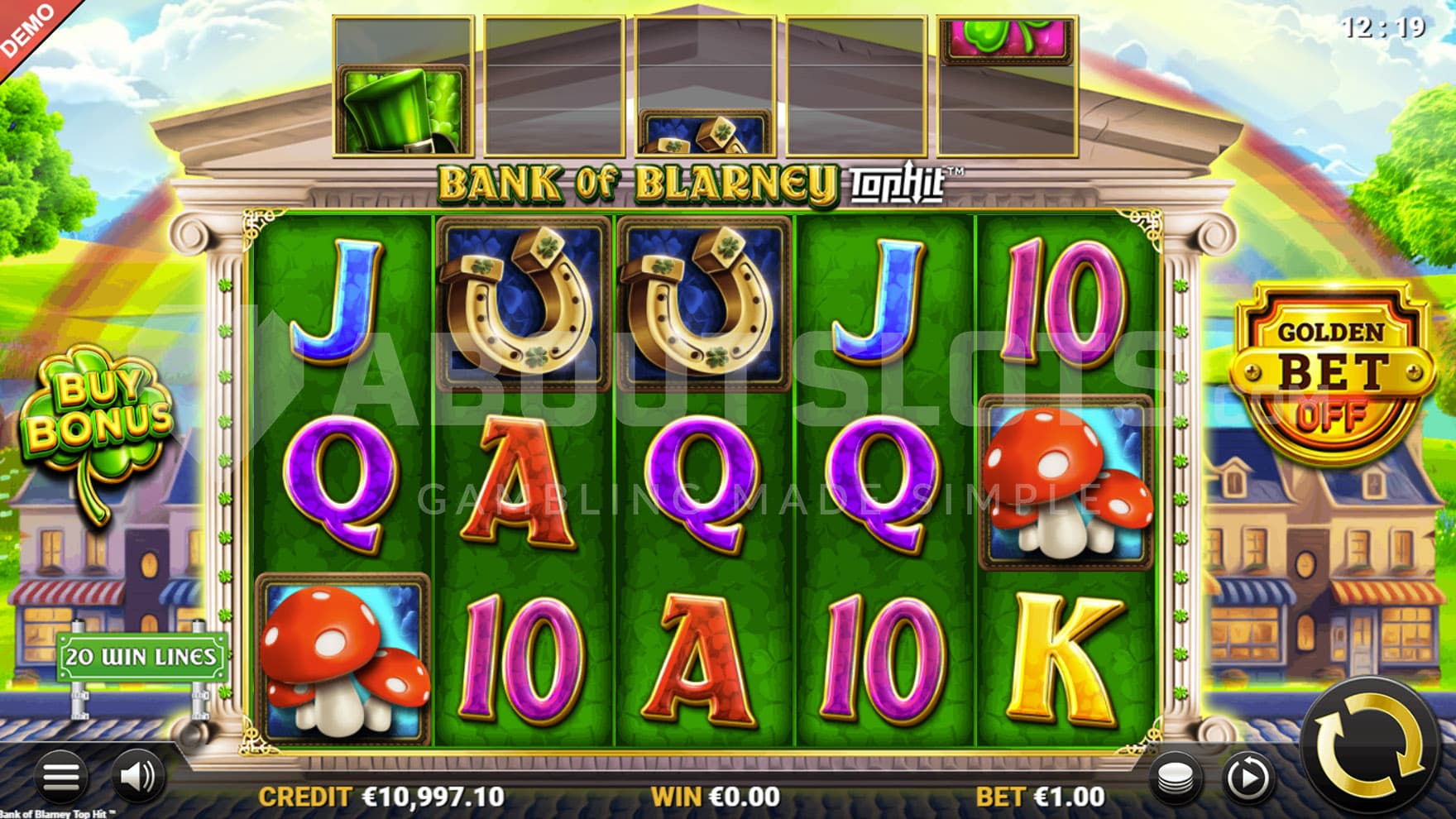 Base Game view of a 5x3 grid on a backdrop of an Irish town by the lake.