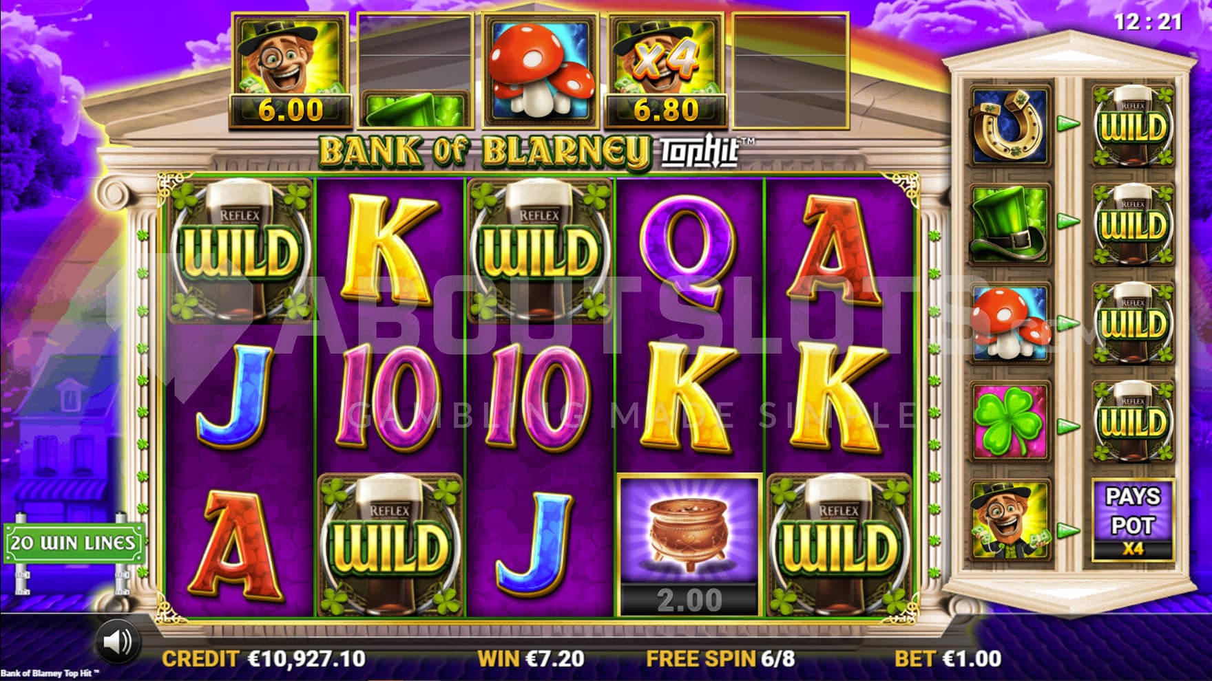 Free Spins bonus in progress, showing multiple symbols activated and Pot multiplier increased to x4.
