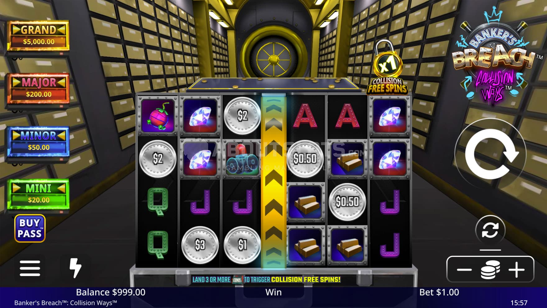 Screenshot of the base game, showing a 6x4 grid on a backdrop of a bank corridor.