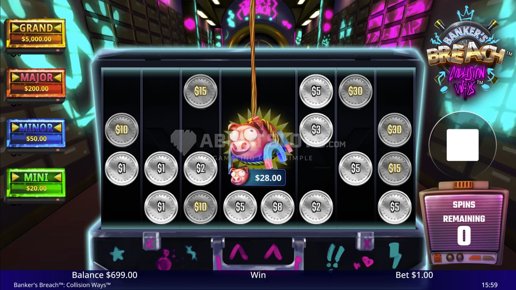 Screenshot of the Breacher's Blitz feature in progress, with multiple coins locked on the grid.