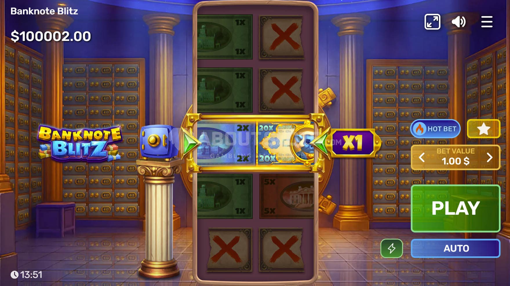 Base Game view of a single-reel playing panel against a backdrop of a safe deposit bank vault.