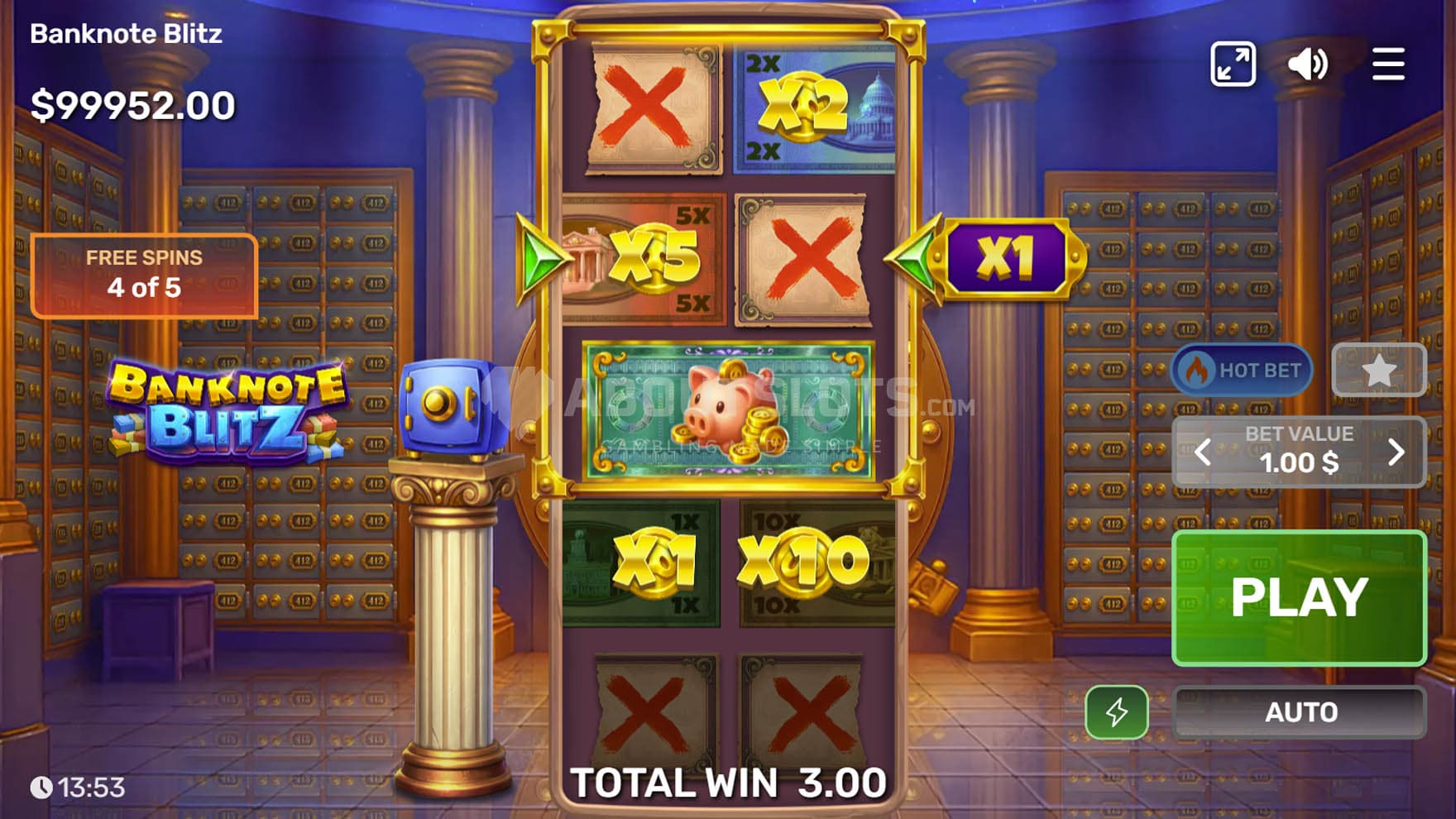 Free Spins bonus in progress, with the Collector banknote feature triggered.