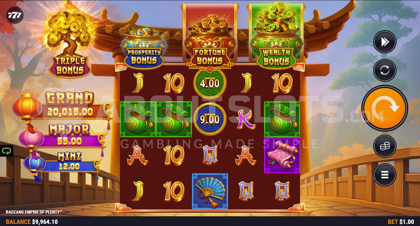 Base Game view of a 5x4 grid on a backdrop of a bridge.