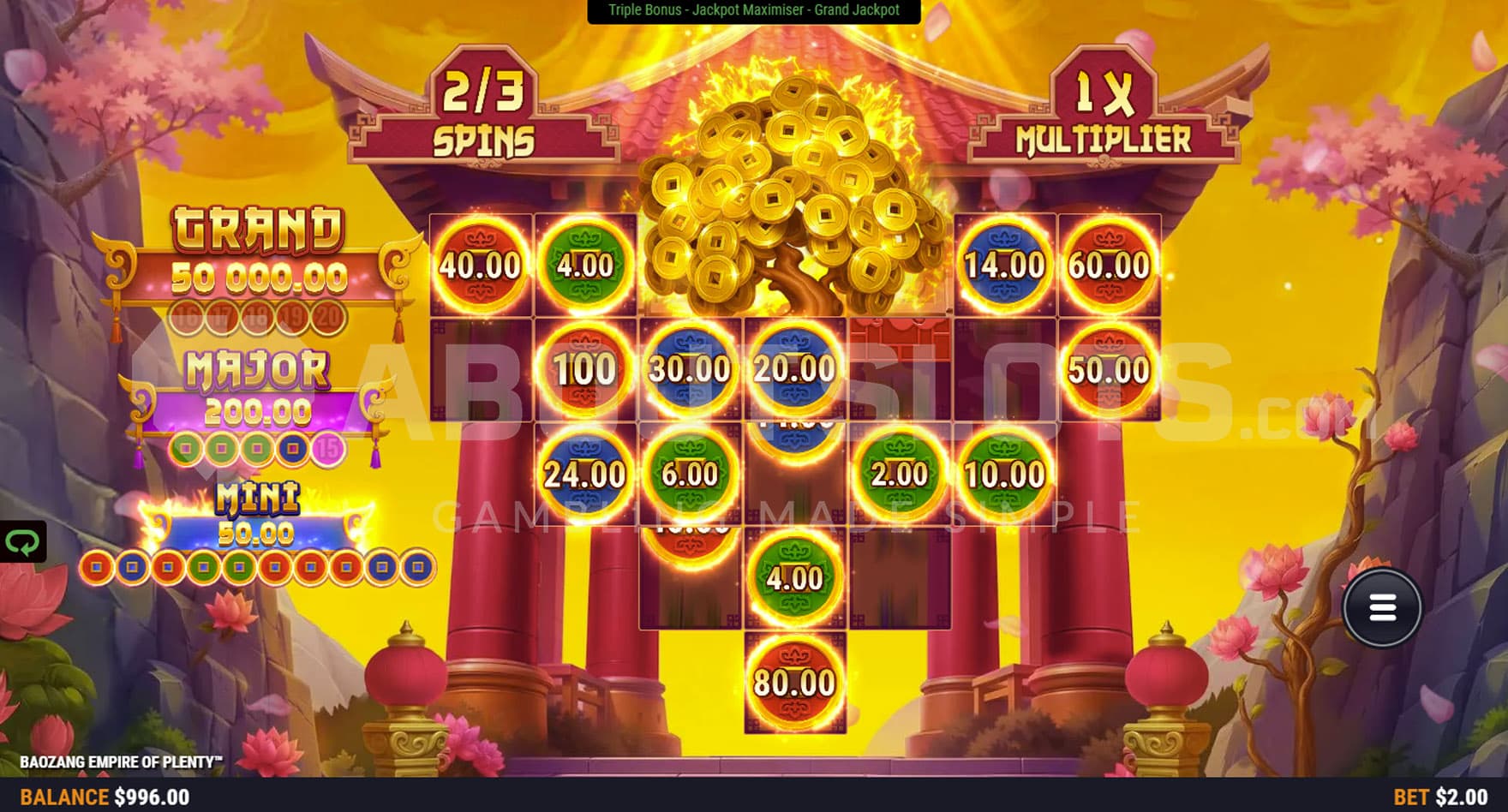 Triple Bonus in progress, showing multiple cash prizes locked on the grid.