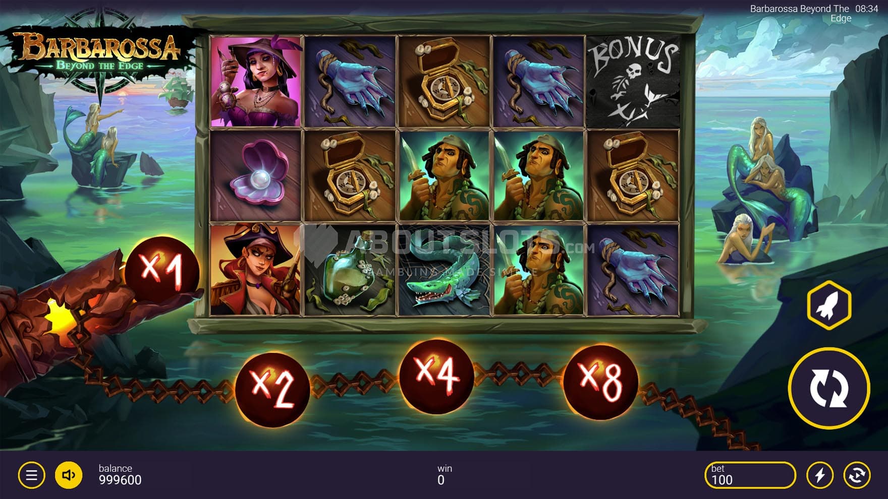 Screenshot of the base game, showing a 5x3 grid on a backdrop of a cove inhabited by sirens.