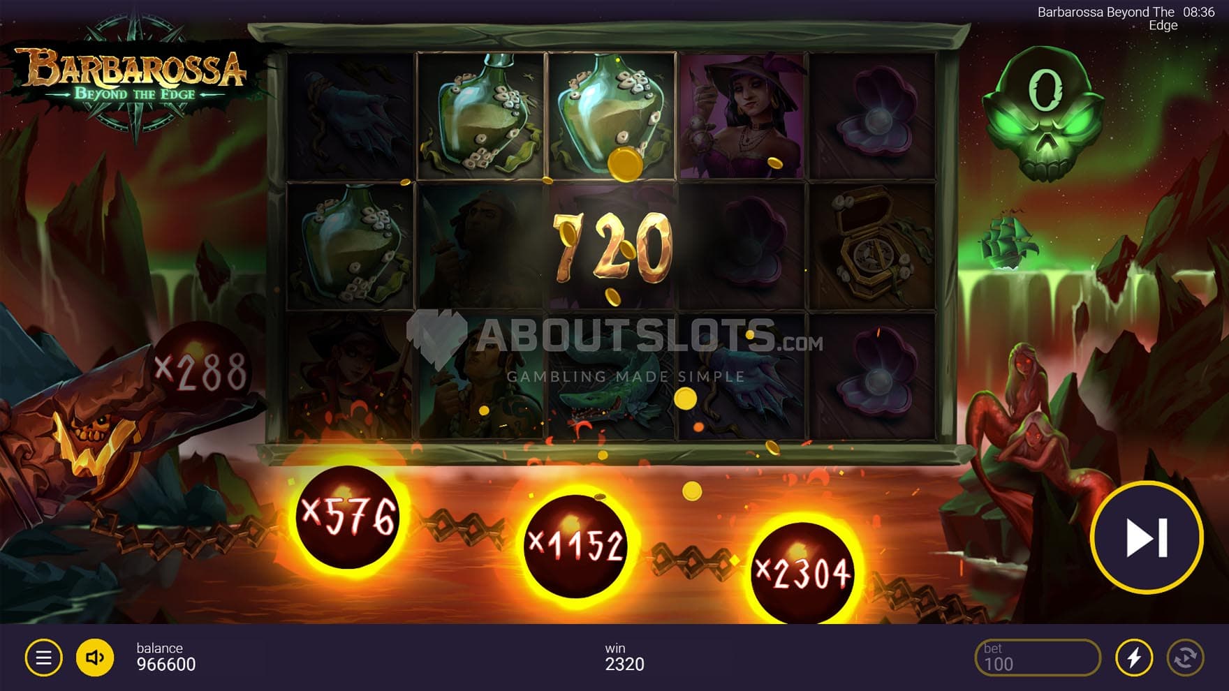 Screenshot of the Free Spins bonus in progress, showing high multipliers on the multiplier chain.