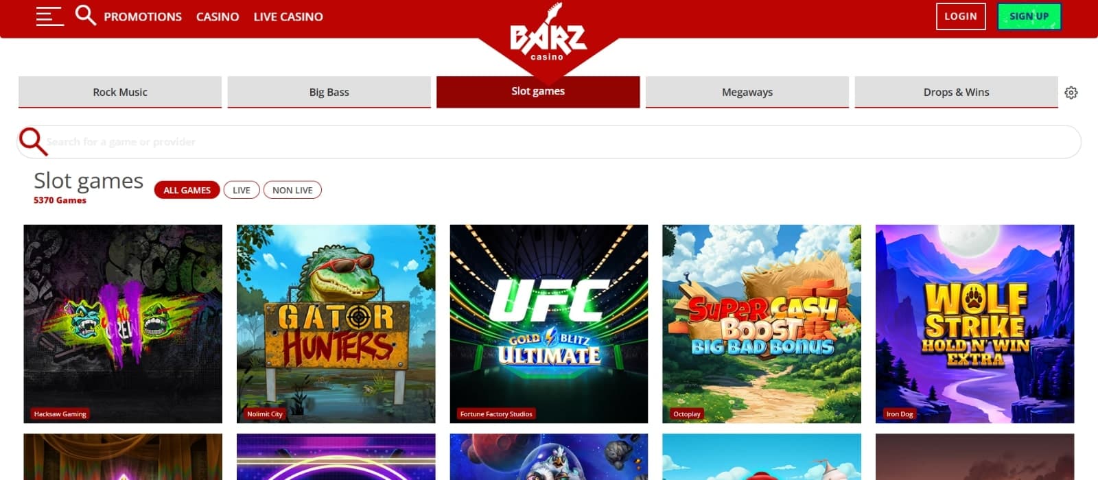Barz Casino games page featuring the slot section where Wolf Strike and Gator Hunters are listed