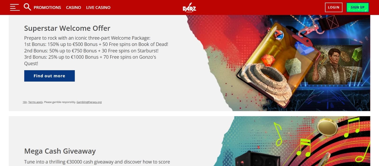 Barz Casino offers a Superstar Welcome Offer worth 2,250 EUR + 150 free spins.