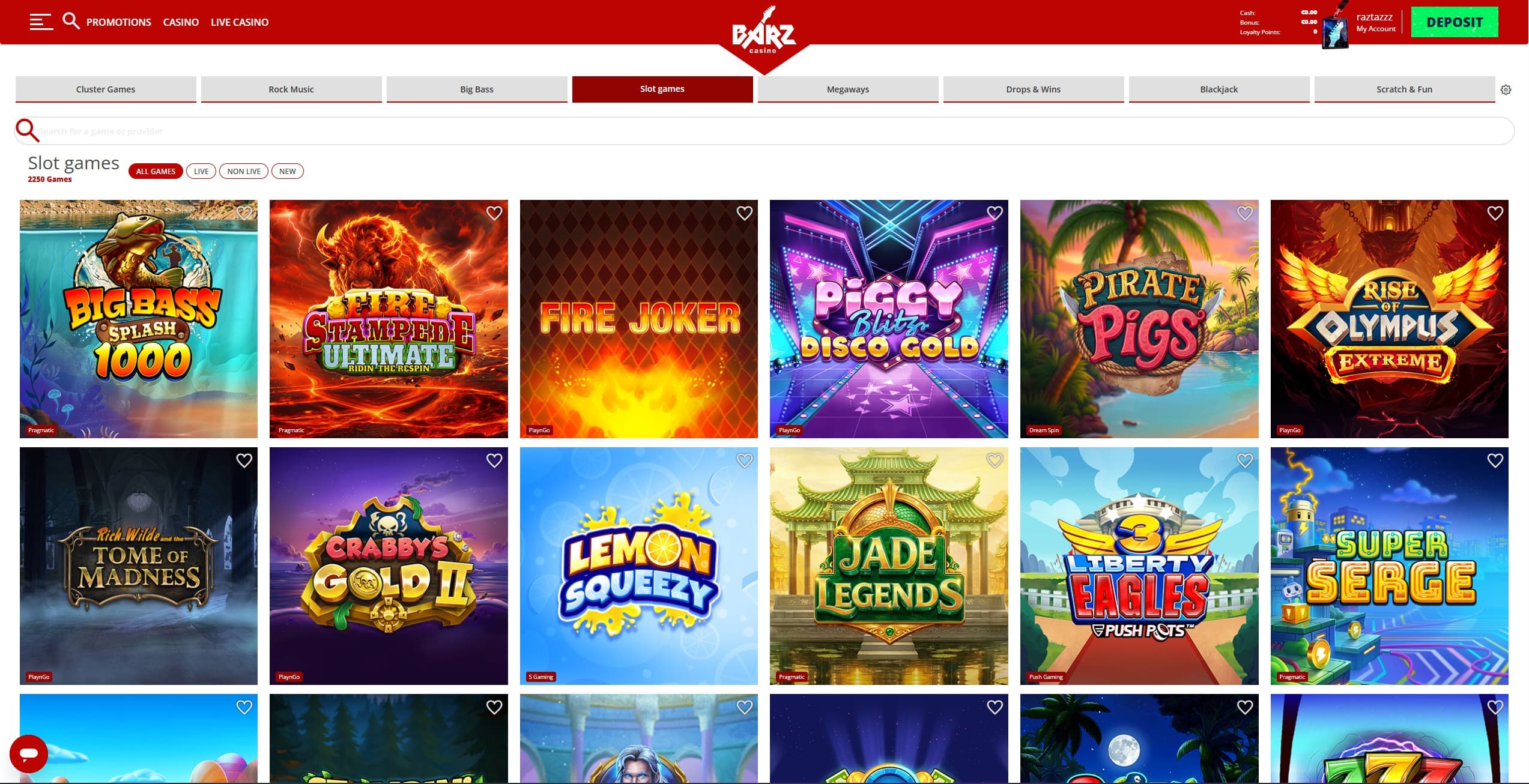 Barz Finland Games Page showing a selection of slots and game categories