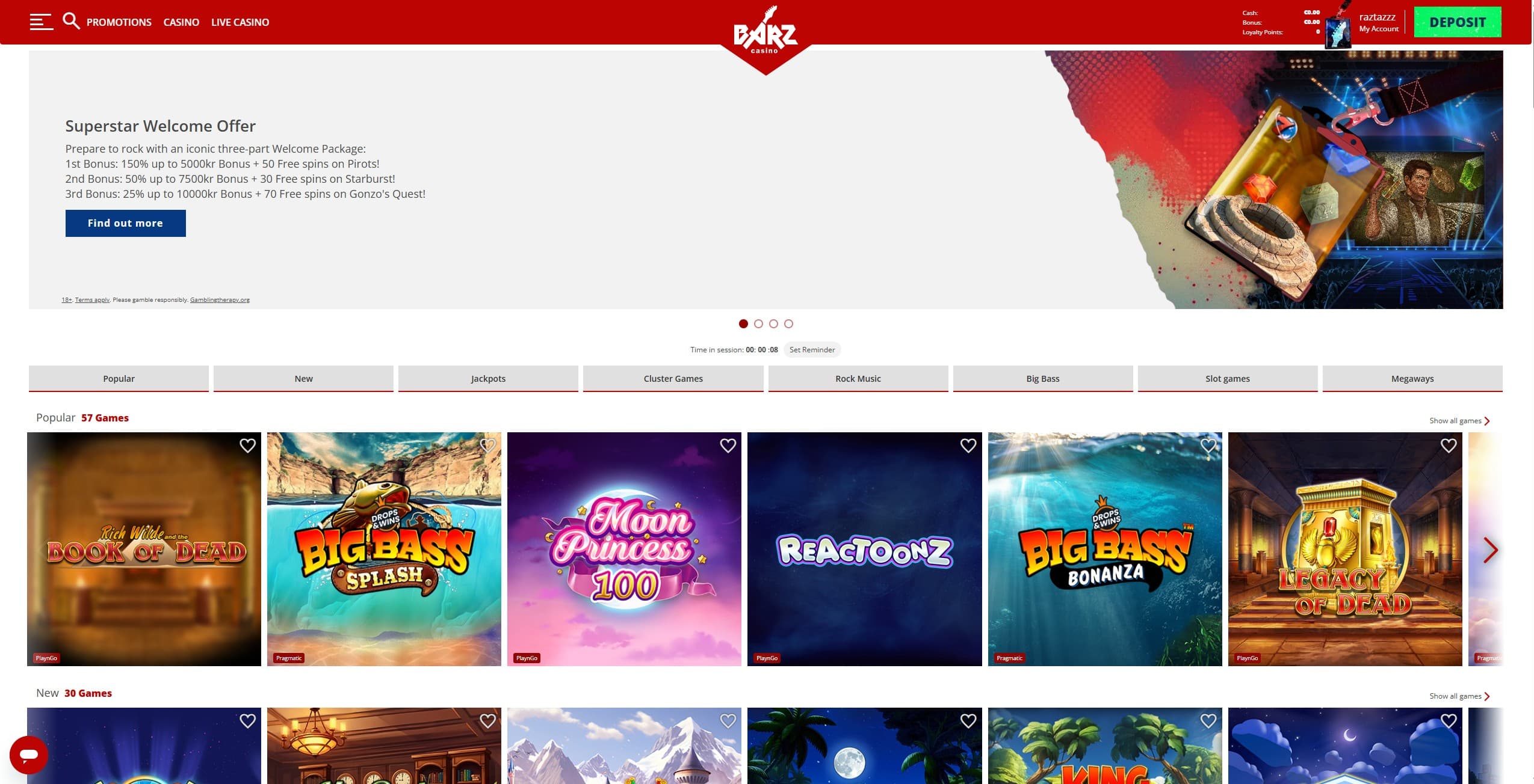 Barz Finland Landing Page showing a selection of games, game categories and the welcome offer