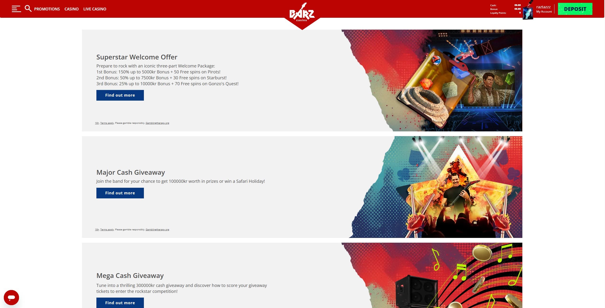 Barz Finland Promotions Page showing the available bonuses and promotions