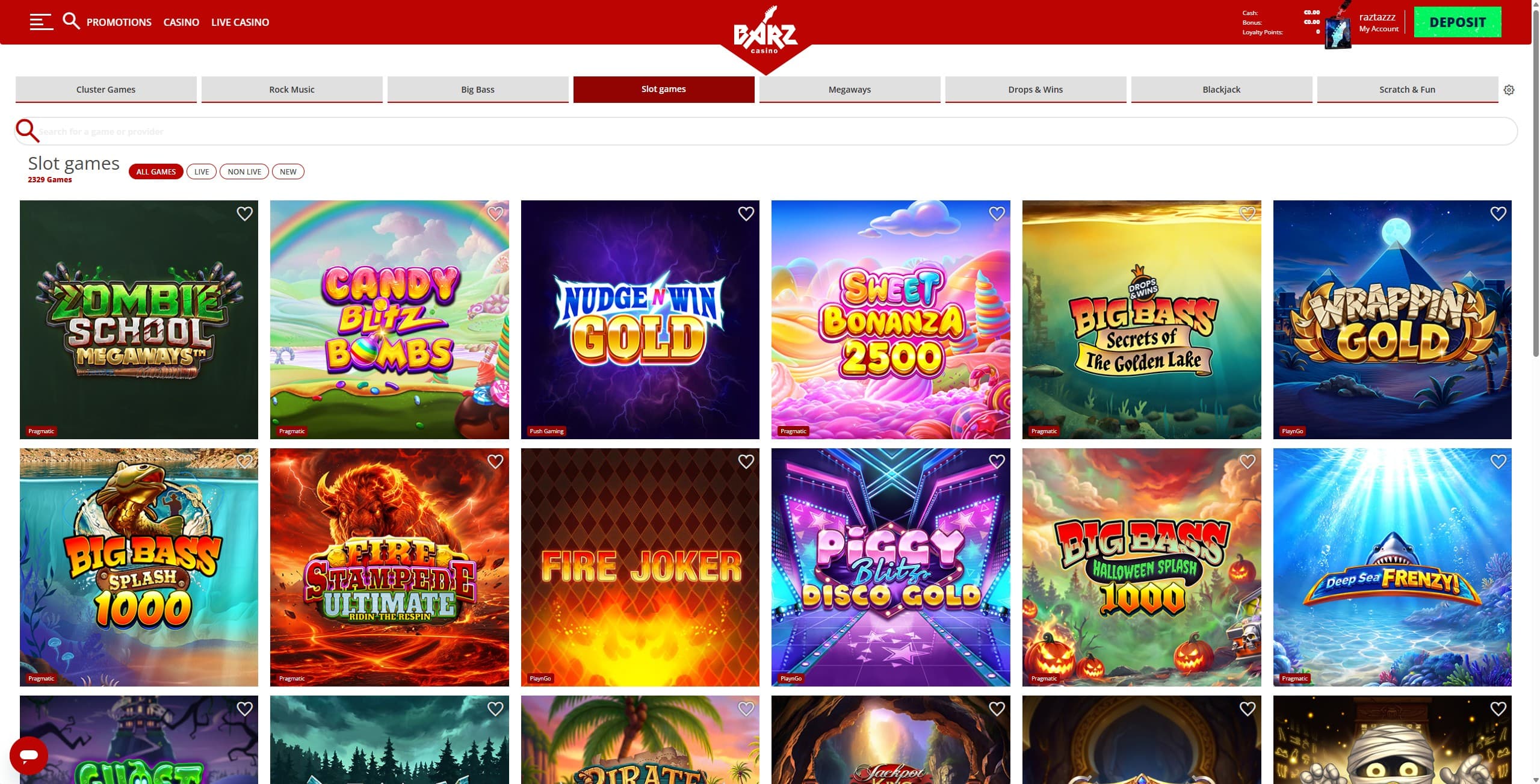 Barz Games Page showing a selection of slot games