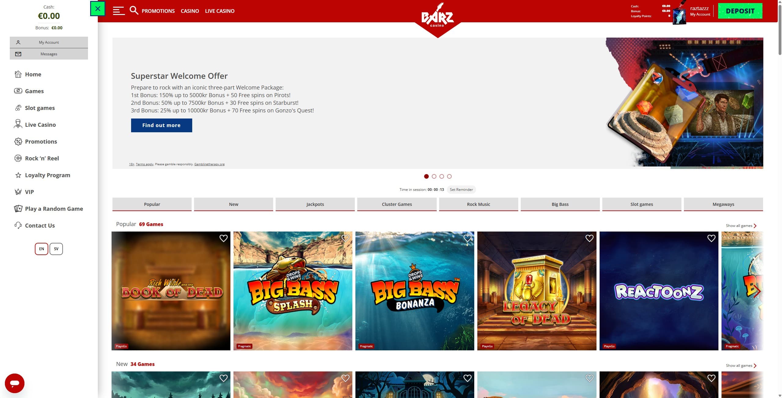 Barz Landing Page showing a selection of casino games from different categories