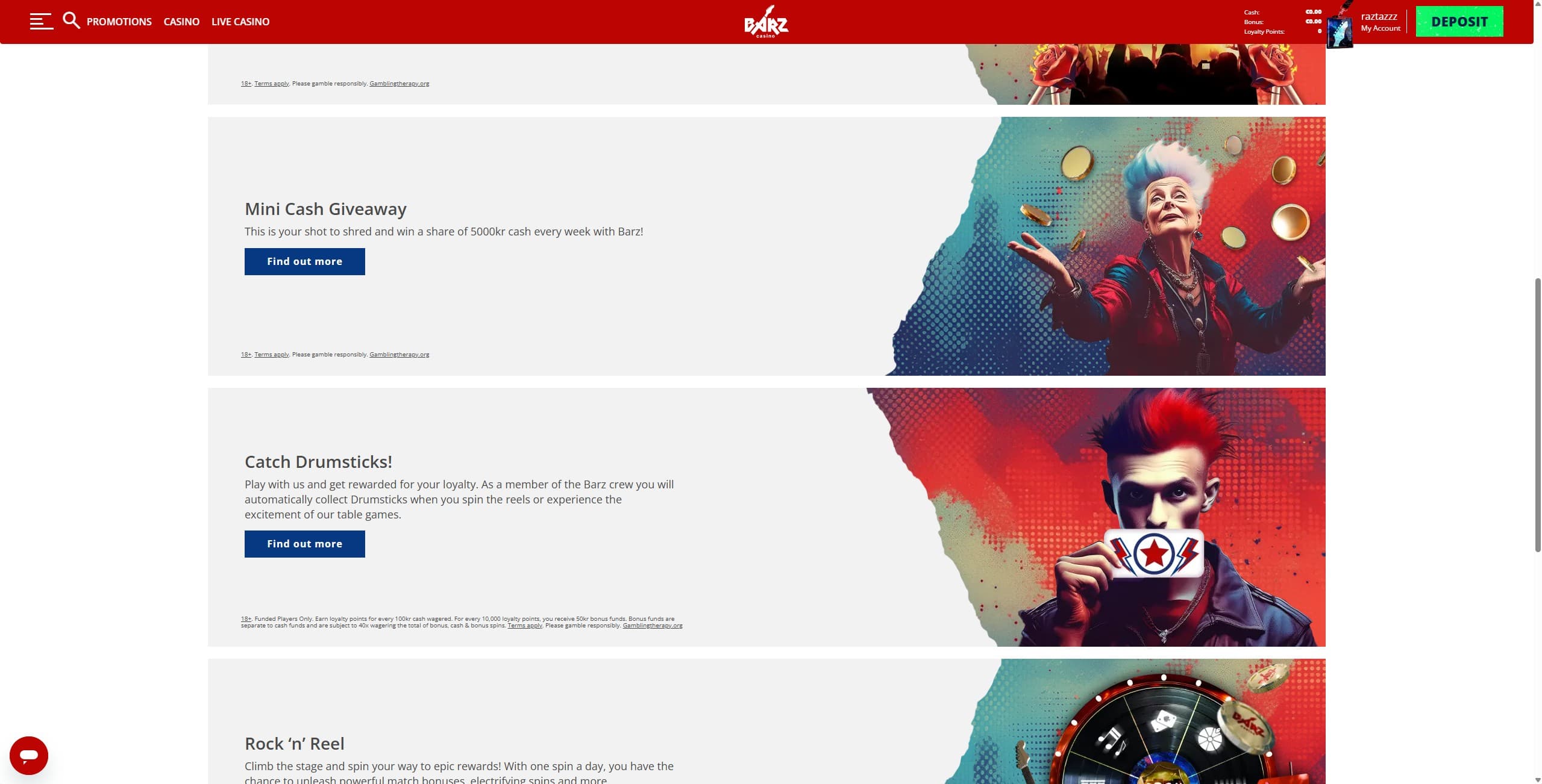 Barz Promotions Page showing the welcome bonus offer and other promotions