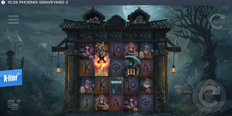 Base game with a misty cemetary being shown in the background.