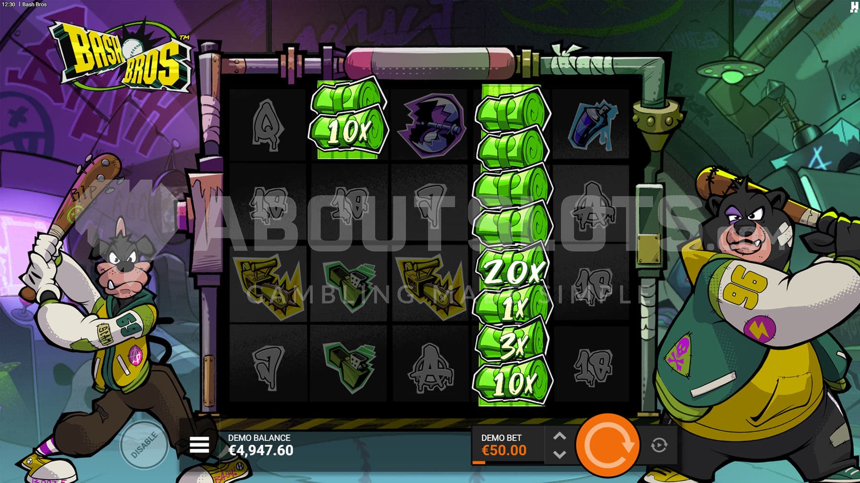 Cash Stacks feature triggered in the base game, showing multiple cash prizes in 2 stacks.