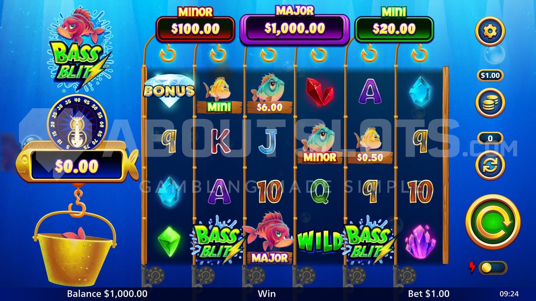 A fishing slot with 6 reels and 4 rows.