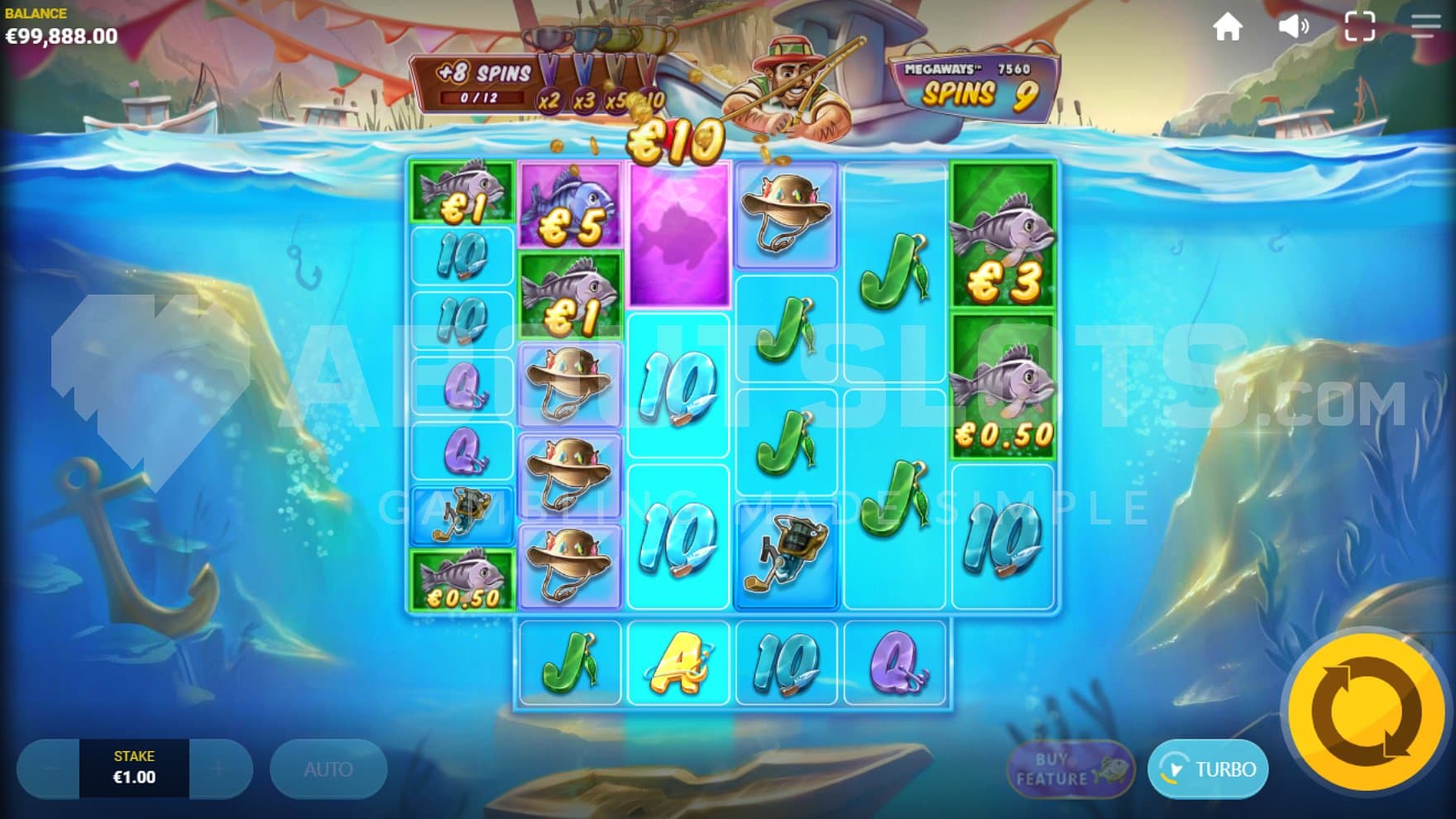 The fisherman above the reels is hauling in fish cash symbols.