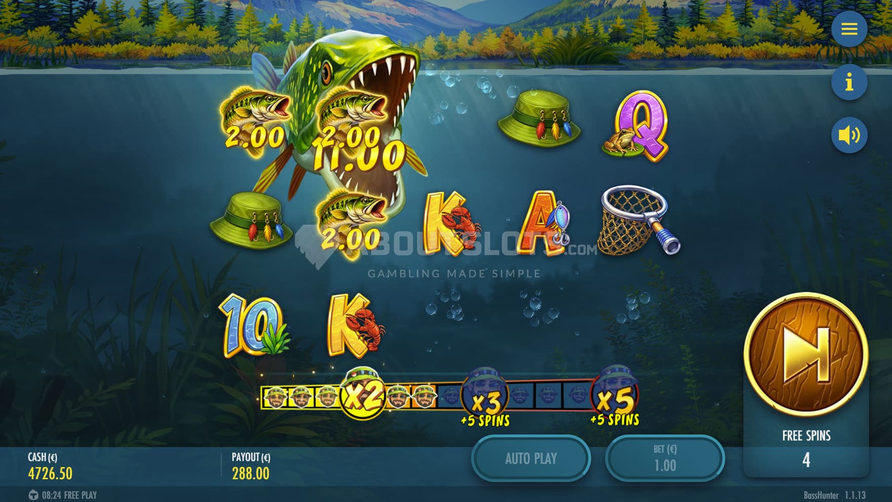 Hunter Respin triggered during Free Spins, collecting values from other fish symbols.