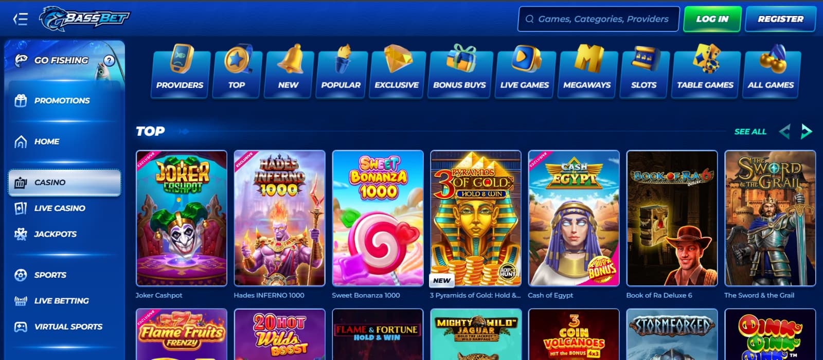 Bassbet Casino games page with popular slots under game categories