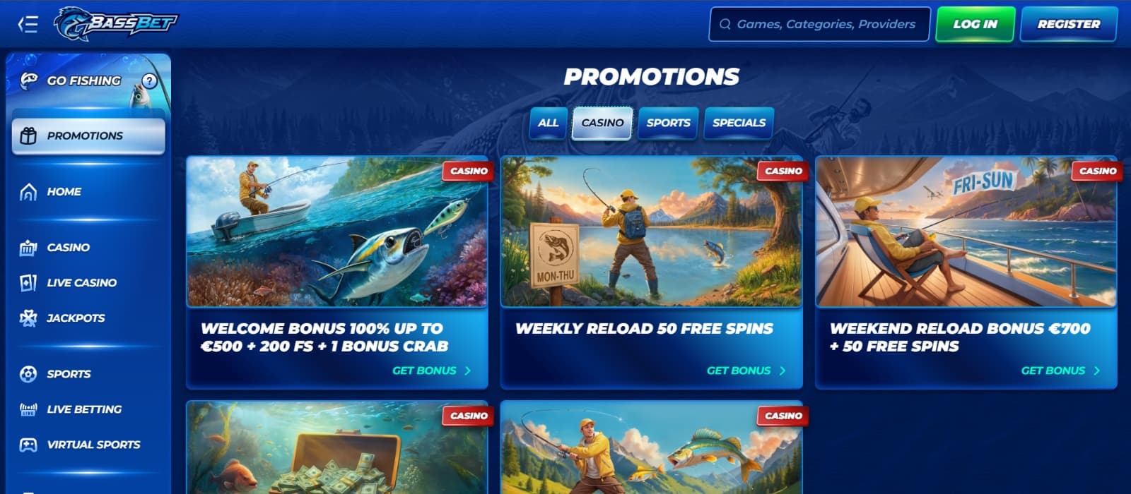 Bassbet Casino promotions page with casino cashback and reload promotions