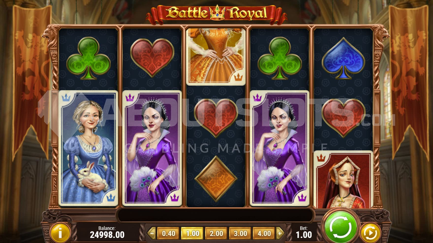 Base Game view of a 5x3 grid on a backdrop of an interior of a royal castle.