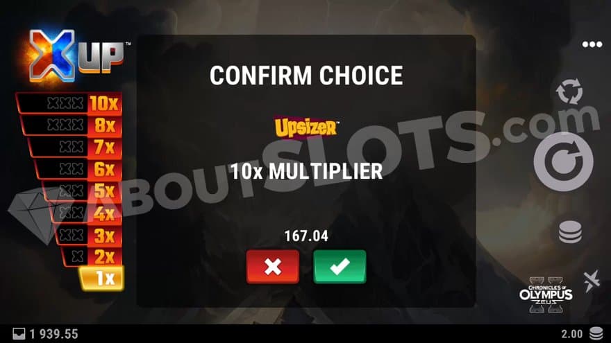 A menu offering a 10X multiplier in the Free Spins for 167.04.