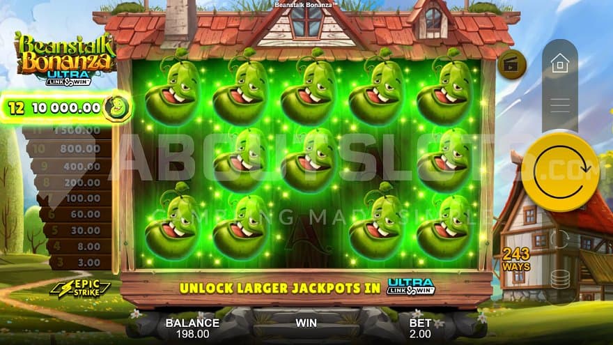 12 Green Bean symbols on the reels pay 5,000 the bet.