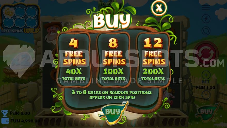 A screen offering 4, 8, and 12 Free Spins for 40X, 100X, and 200X the bet.