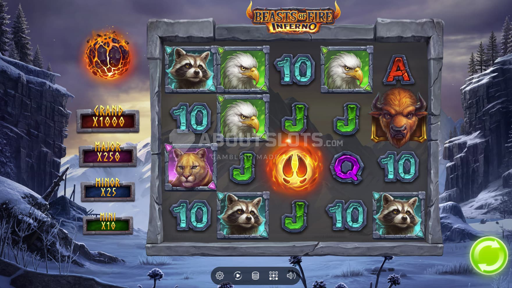 Screenshot of the base game, showing a 5x4 grid on a backdrop of a natural snowy landscape.