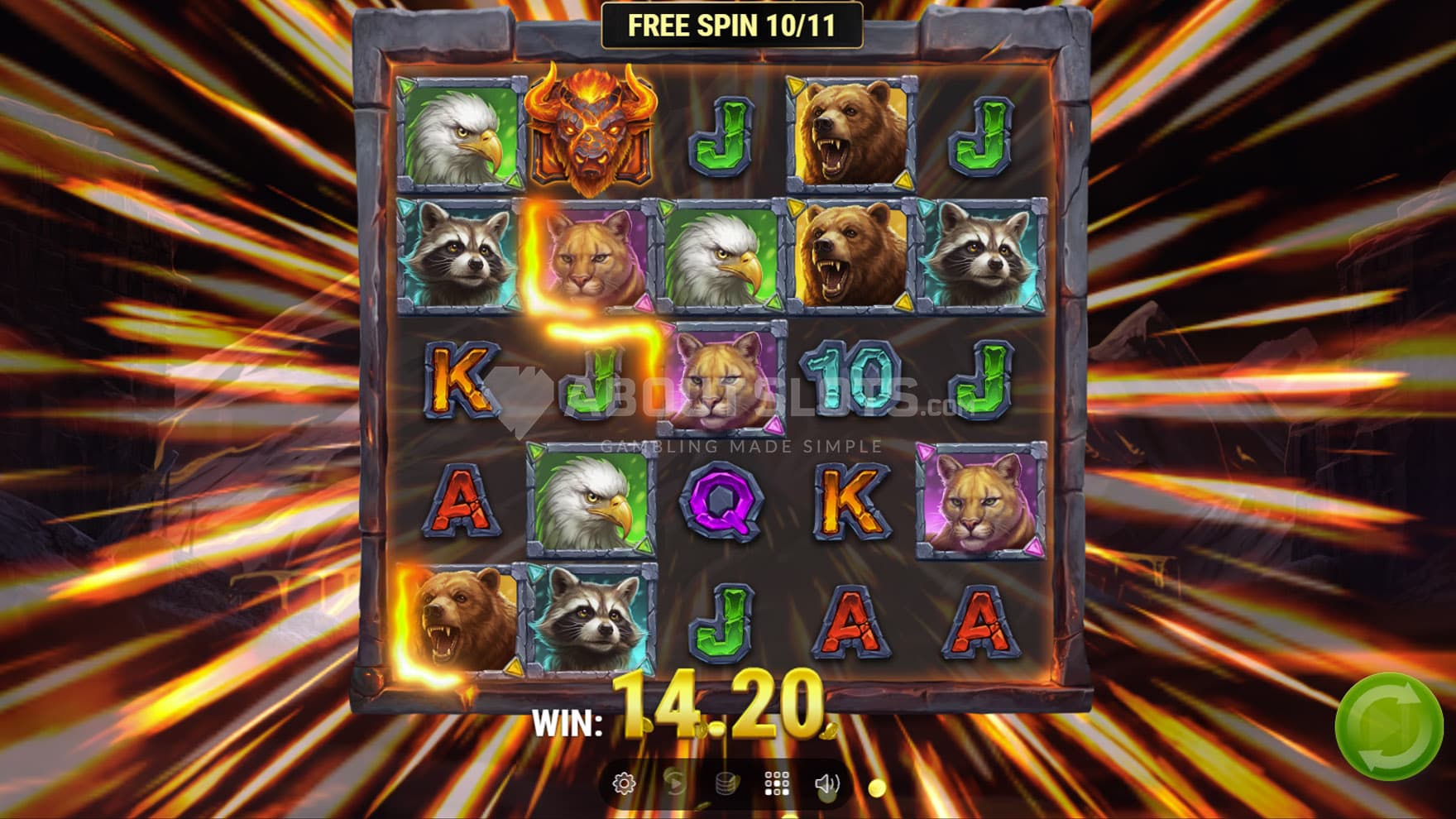 Screenshot of the Free Spins bonus in progress, with 3 positions marked with Fire Frames.