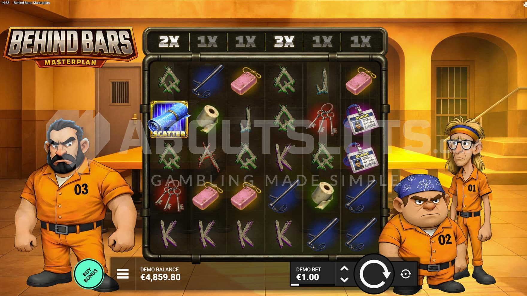 Base Game view of a 6x5 grid set up inside a prison, with three inmates standing around it.