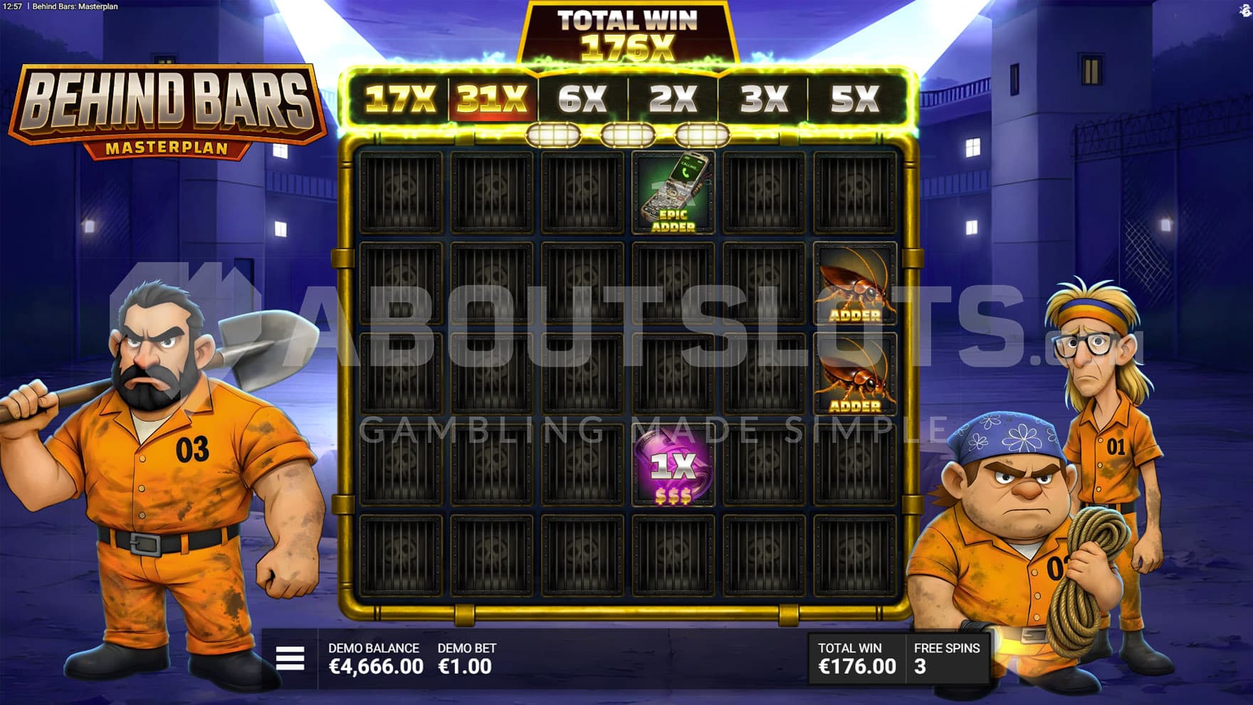 The Great Escape Bonus in progress, showing several special symbols on the grid.
