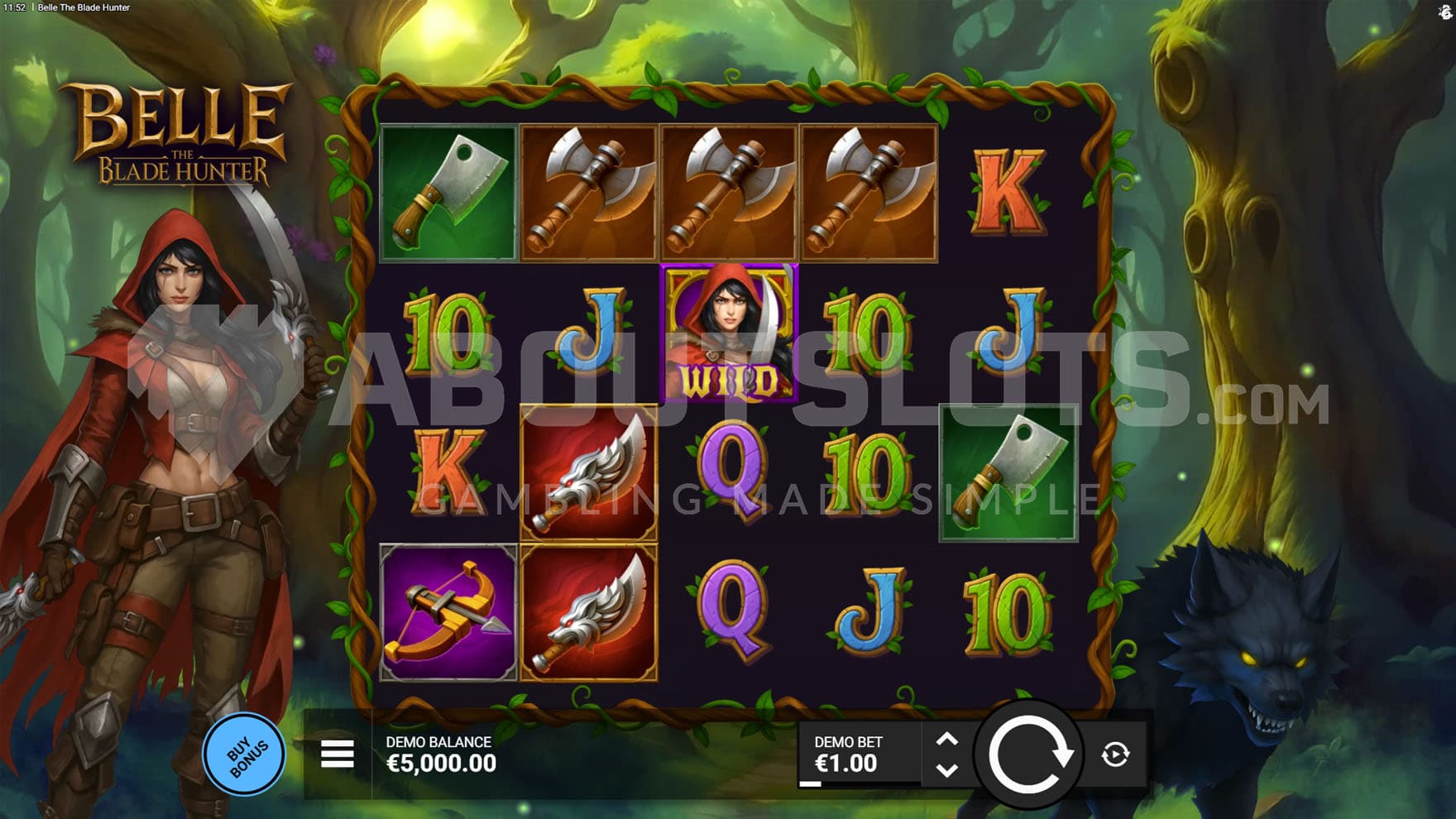 Base Game view of a 5x4 grid on a backdrop of a forest, with a hooded huntress and a black wolf on both sides.