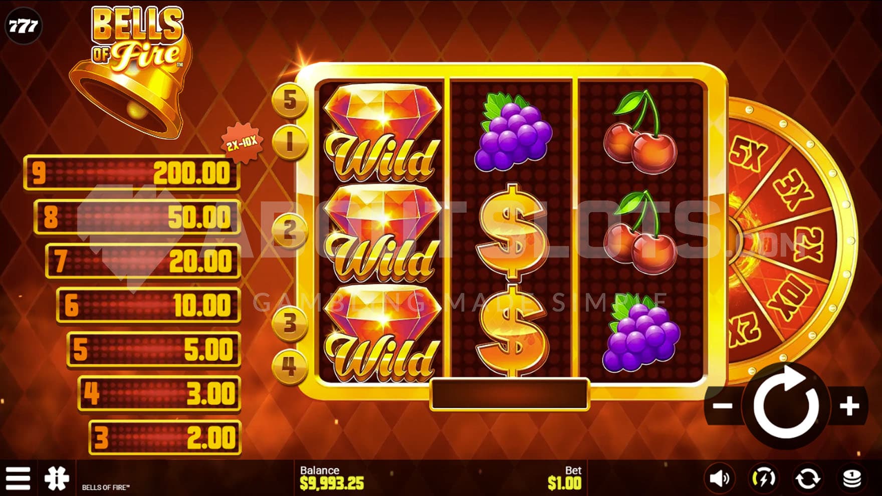 Base Game view of a 3x3 grid with an instant prize ladder on the left and a multiplier wheel on the right.