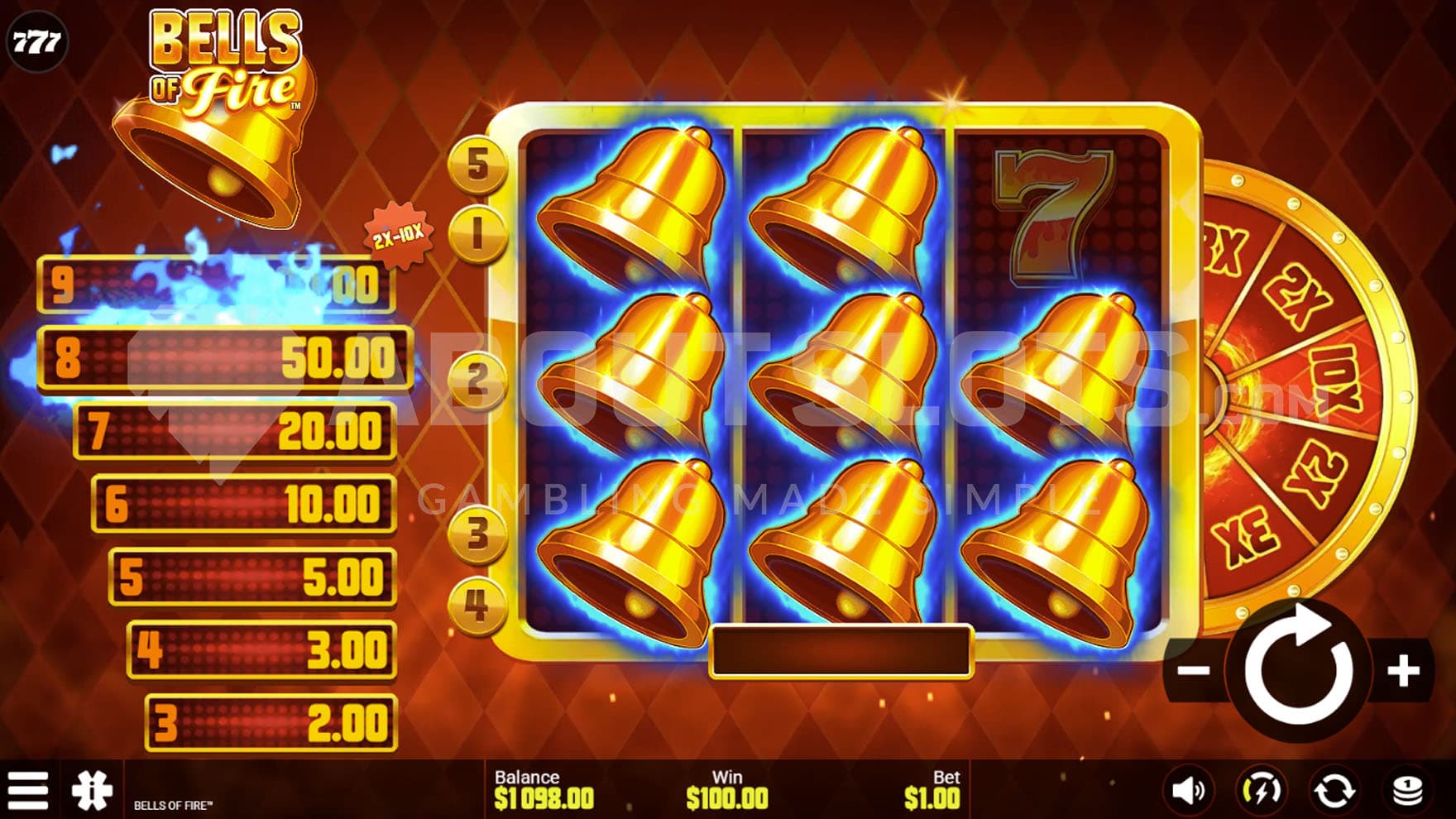 Epic Strike feature triggered, showing 8 Scatter bell symbols on the reels that award a prize of 50x the bet.