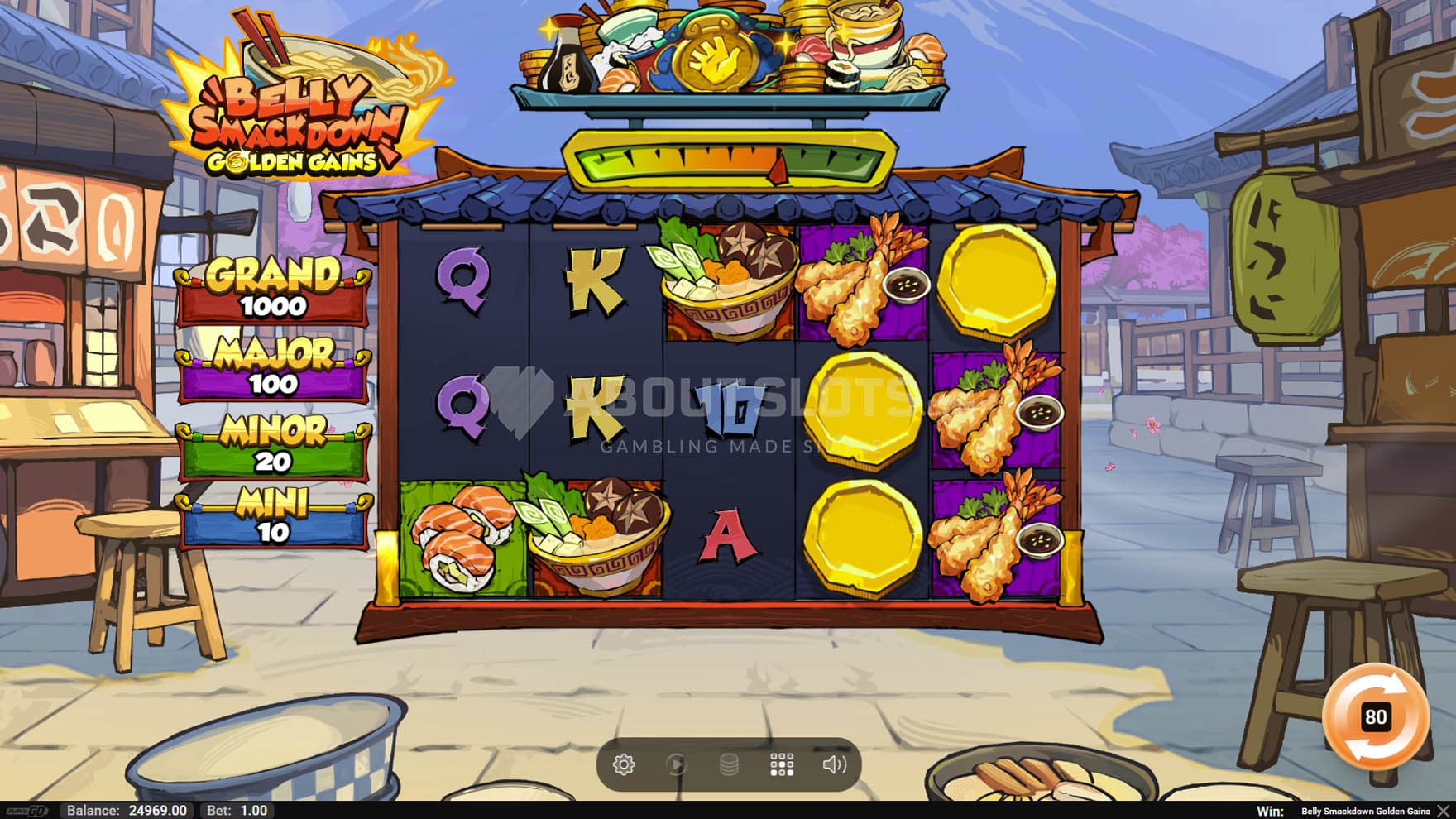 Screenshot of the base game, showing a 5x3 grid on a backdrop of a cartoony Japanese street with food stalls.